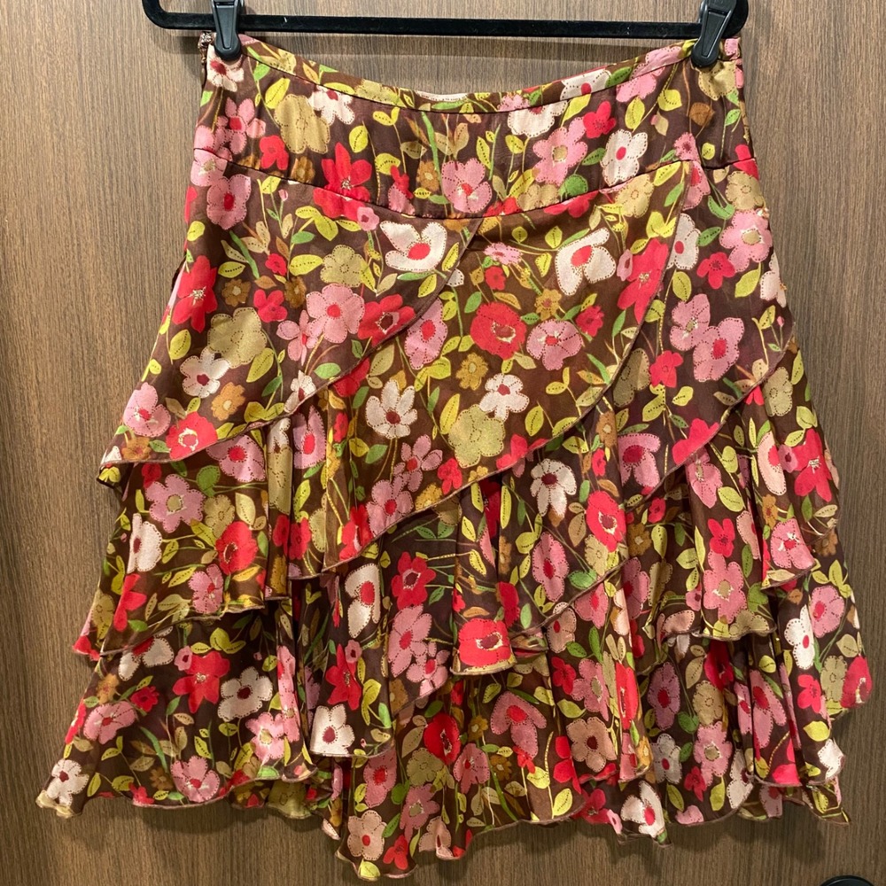 CONTEXT‎ 100% Silk Floral Skirt Size 2 Ruffle Beaded Romantic Flowy Y2K Feminine - Picture 7 of 17